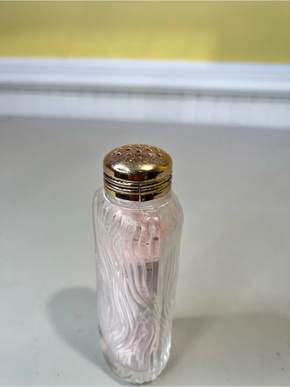 Beautiful body powder by Swirled Pink Glass Vanity Bottle with Gold-Tone Cap